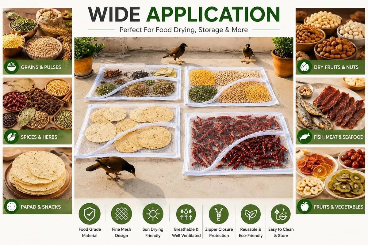 Food Drying Mesh Net with Zip Cover, 28 x 38 Inch Reusable Food Drying Mat for Papad, Chilli, Fryums, Herbs, Spices, Grains & Dry Fruits, Foldable Mesh Drying Cover for Terrace,Balcony&Outdoor Use