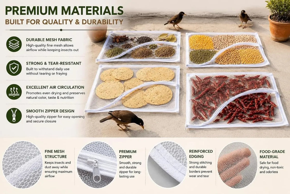 Food Drying Mesh Net with Zip Cover, 28 x 38 Inch Reusable Food Drying Mat for Papad, Chilli, Fryums, Herbs, Spices, Grains & Dry Fruits, Foldable Mesh Drying Cover for Terrace,Balcony&Outdoor Use