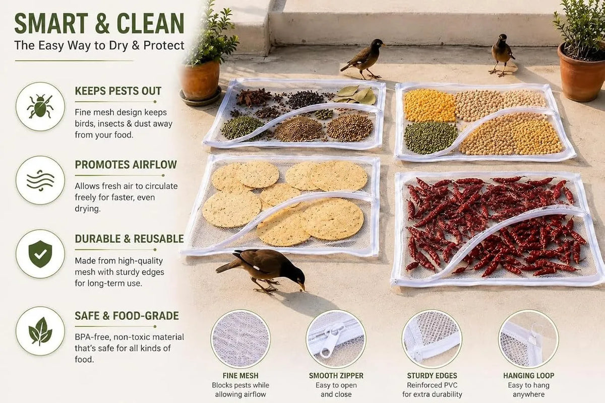 Food Drying Mesh Net with Zip Cover, 28 x 38 Inch Reusable Food Drying Mat for Papad, Chilli, Fryums, Herbs, Spices, Grains & Dry Fruits, Foldable Mesh Drying Cover for Terrace,Balcony&Outdoor Use