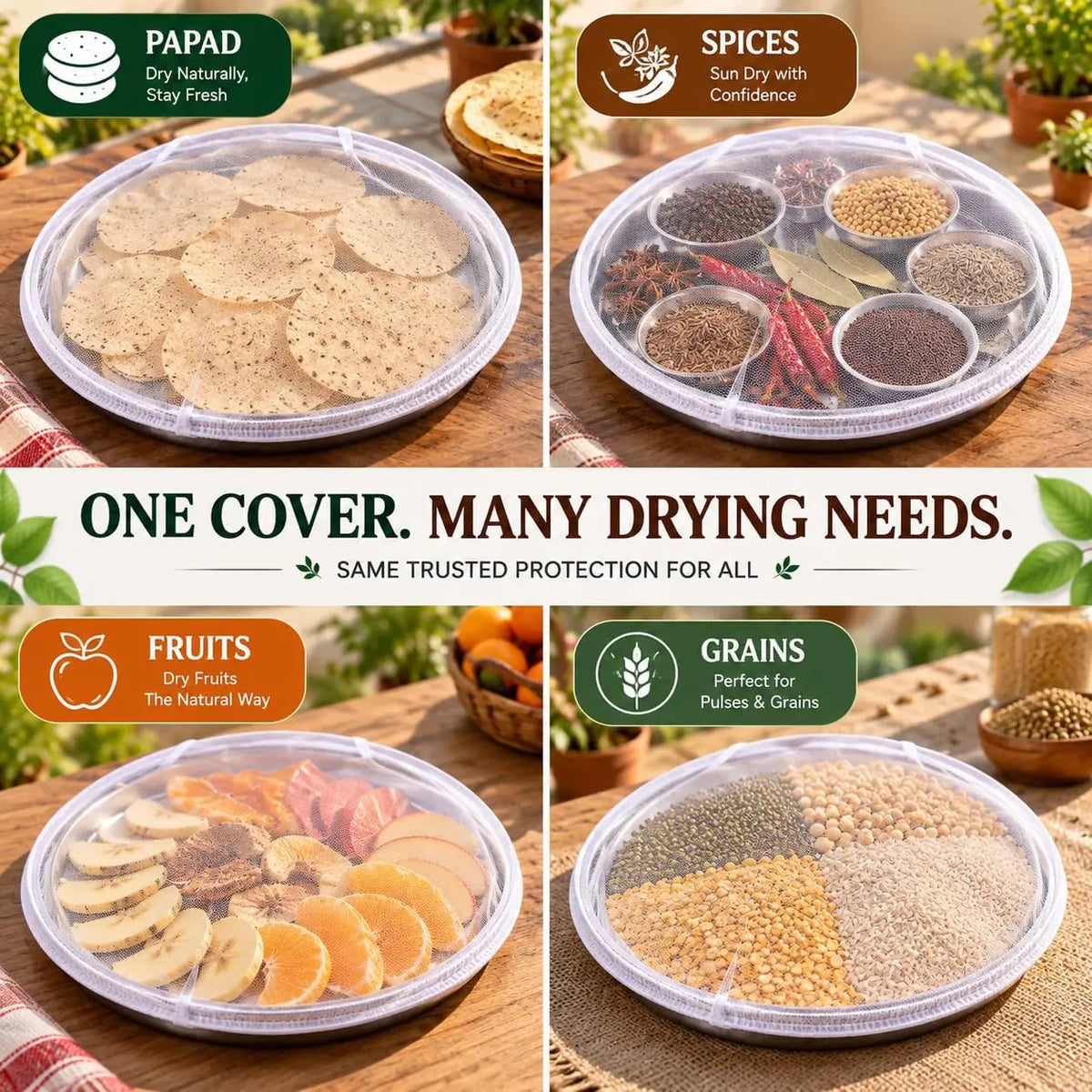 Food Sun Drying Mesh Cover for Papad, Spices & Grains Elastic Reusable Net
