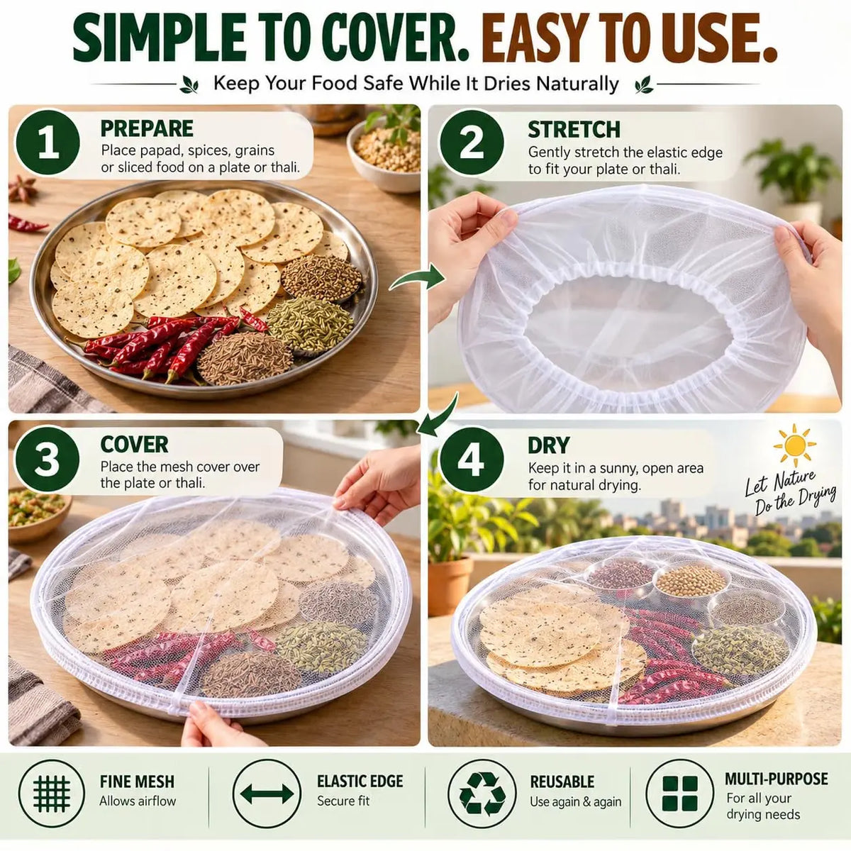 Food Sun Drying Mesh Cover for Papad, Spices & Grains Elastic Reusable Net