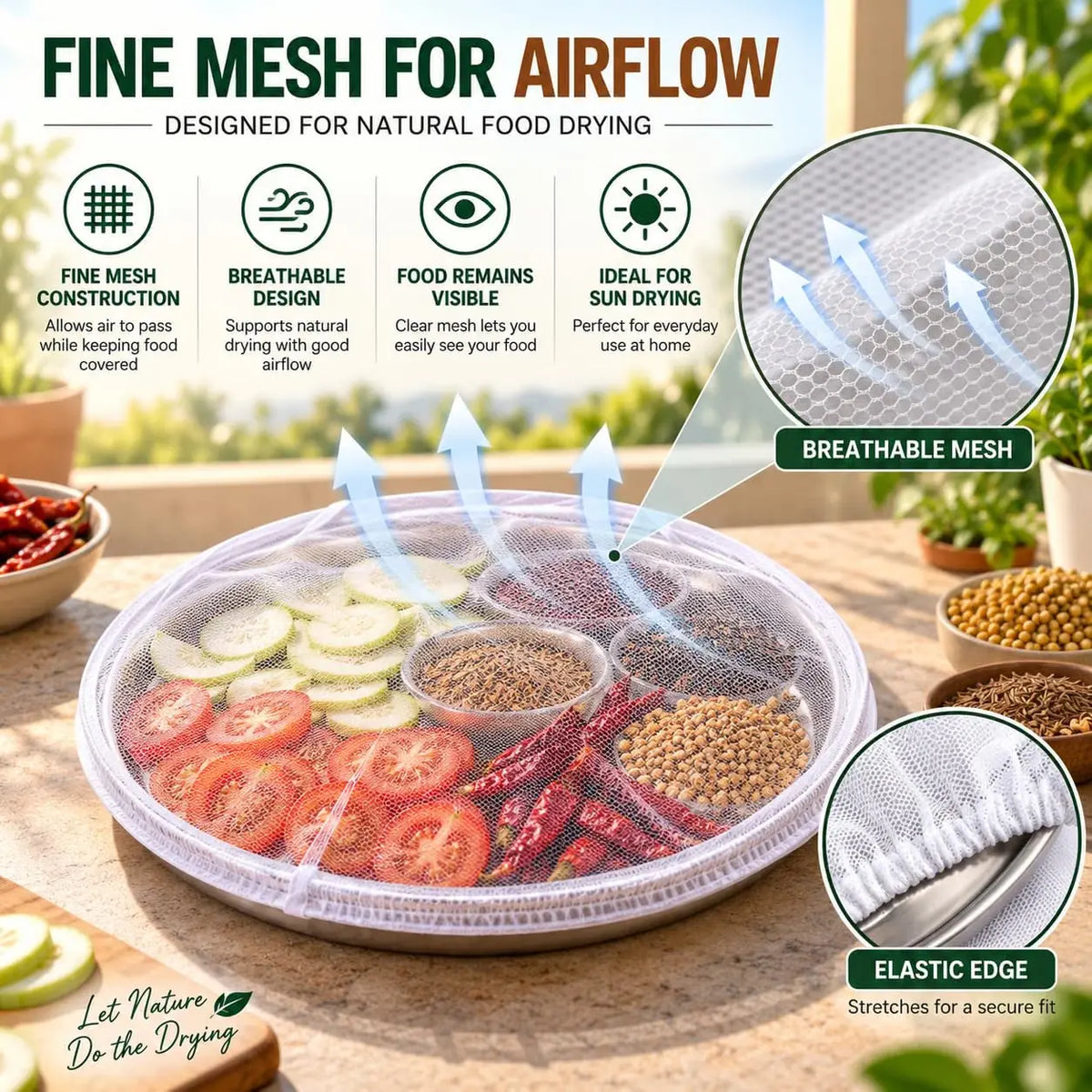 Food Sun Drying Mesh Cover for Papad, Spices & Grains Elastic Reusable Net