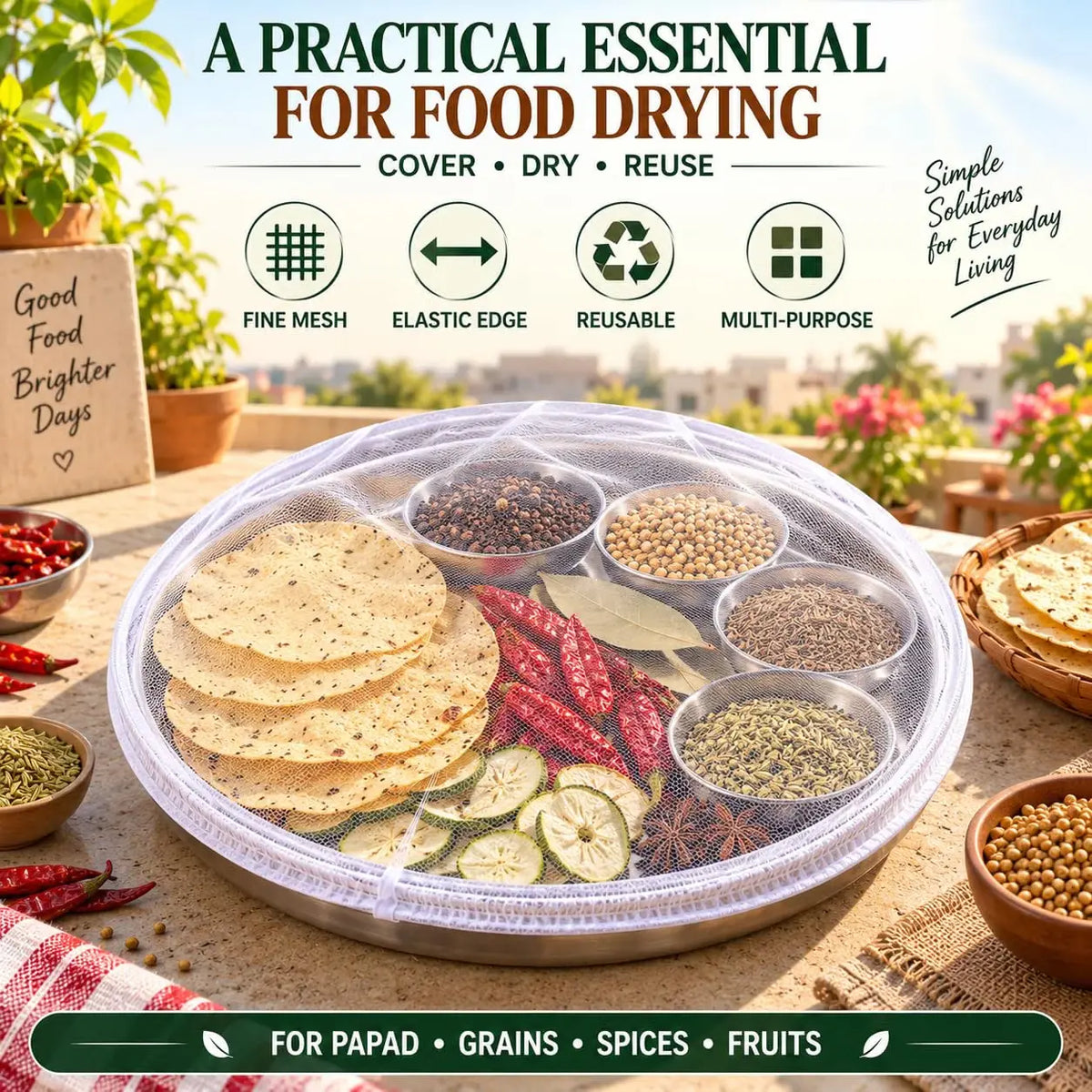 Food Sun Drying Mesh Cover for Papad, Spices & Grains Elastic Reusable Net