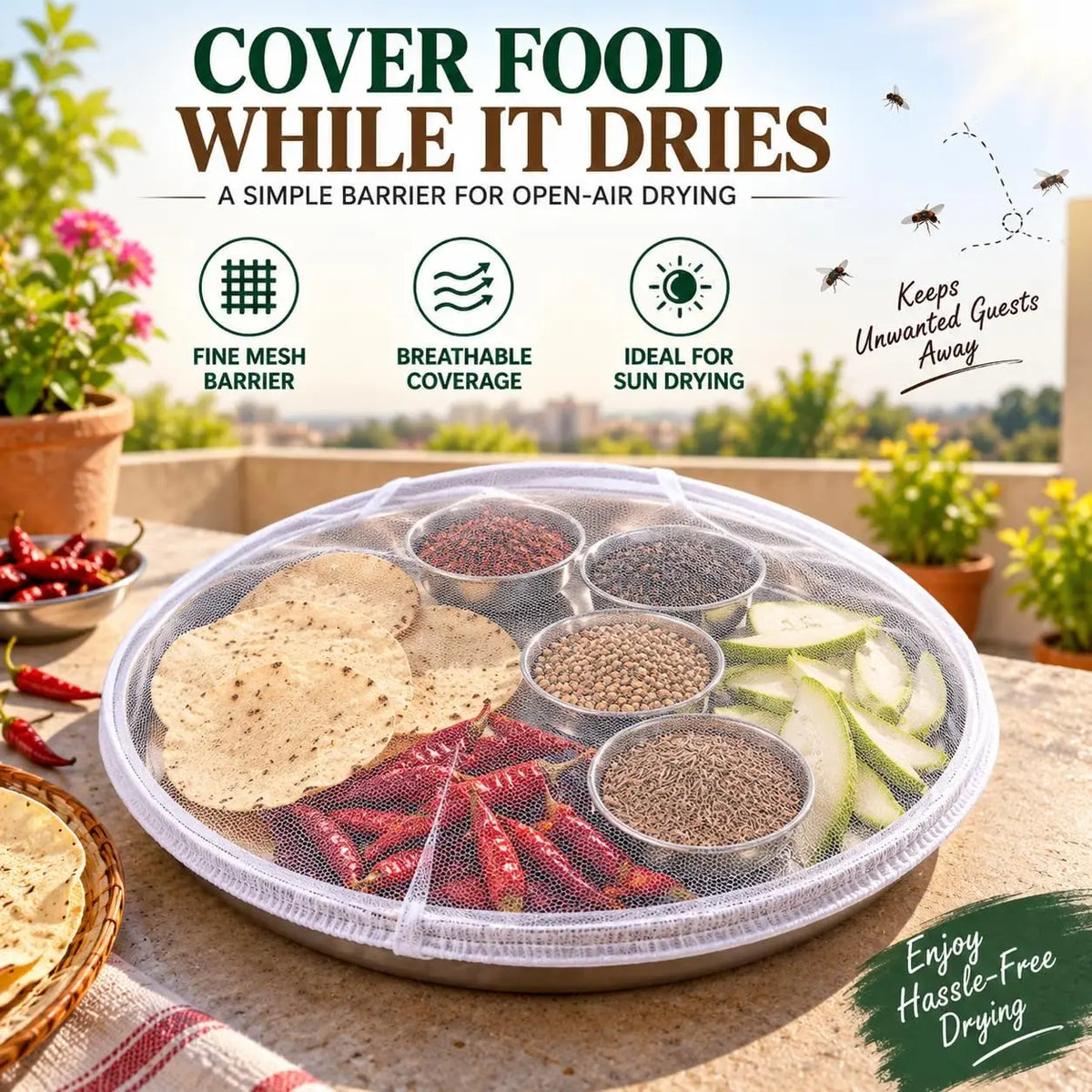 Food Sun Drying Mesh Cover for Papad, Spices & Grains Elastic Reusable Net